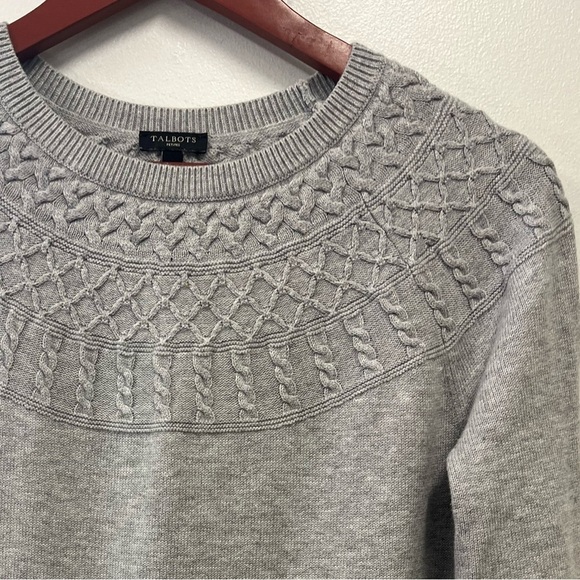 Talbots Gray Sweater Yoke Crew fairisle pullover Cotton cashmere Blend Medium - Picture 5 of 9